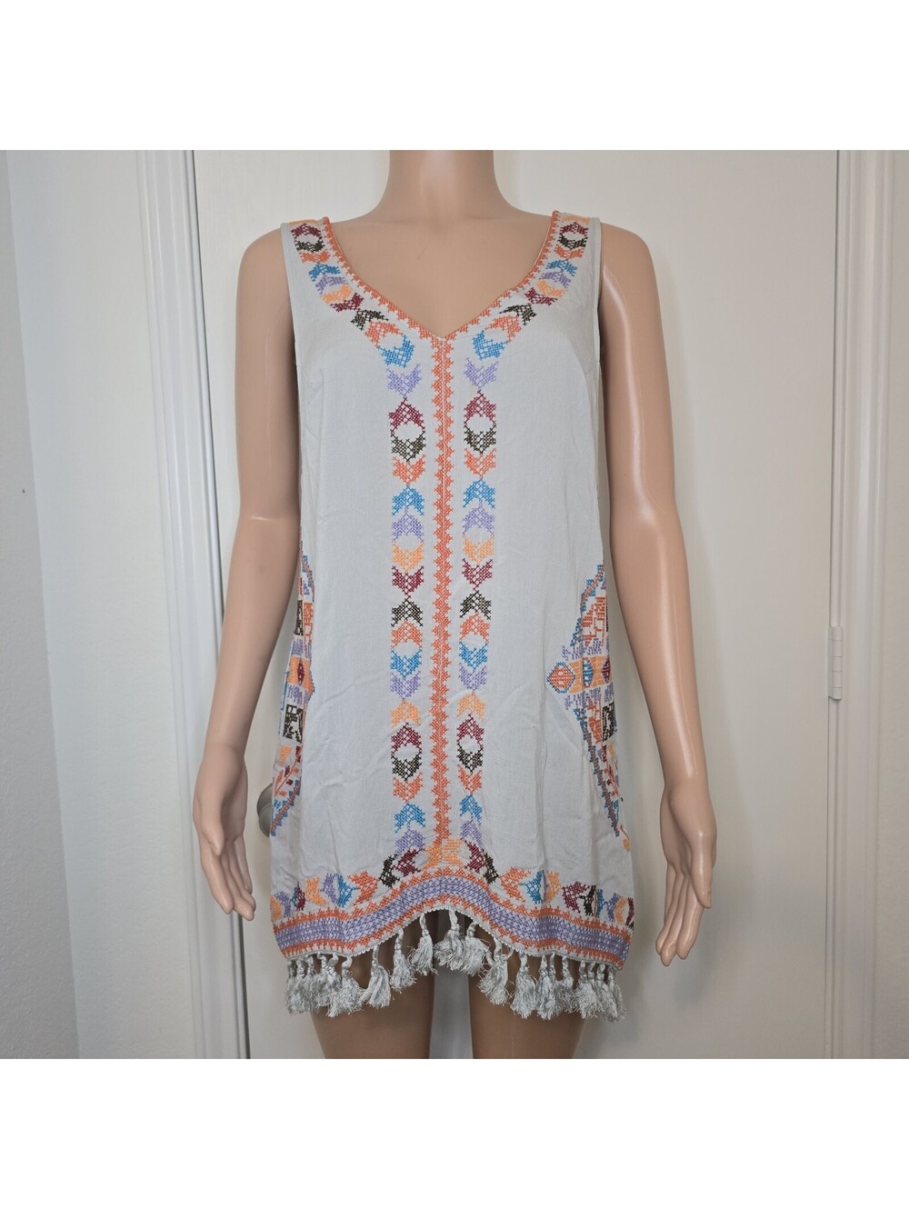 Embroidered Tassel Women's Boho Top Sleeveless Beach Cover Up Dress Sz S
